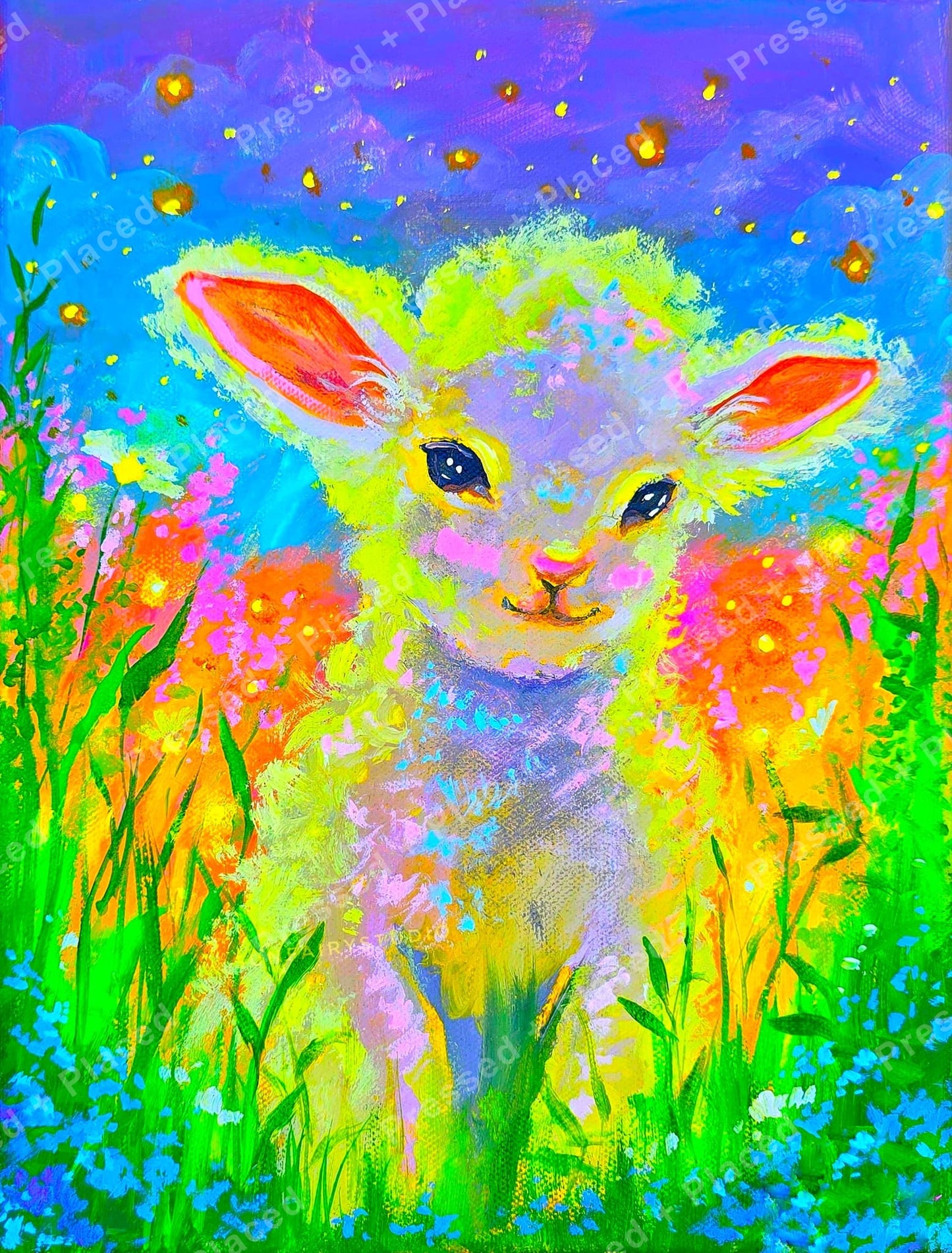 Colorful lamb in a vibrant meadow with glowing flowers and a dreamy twilight sky