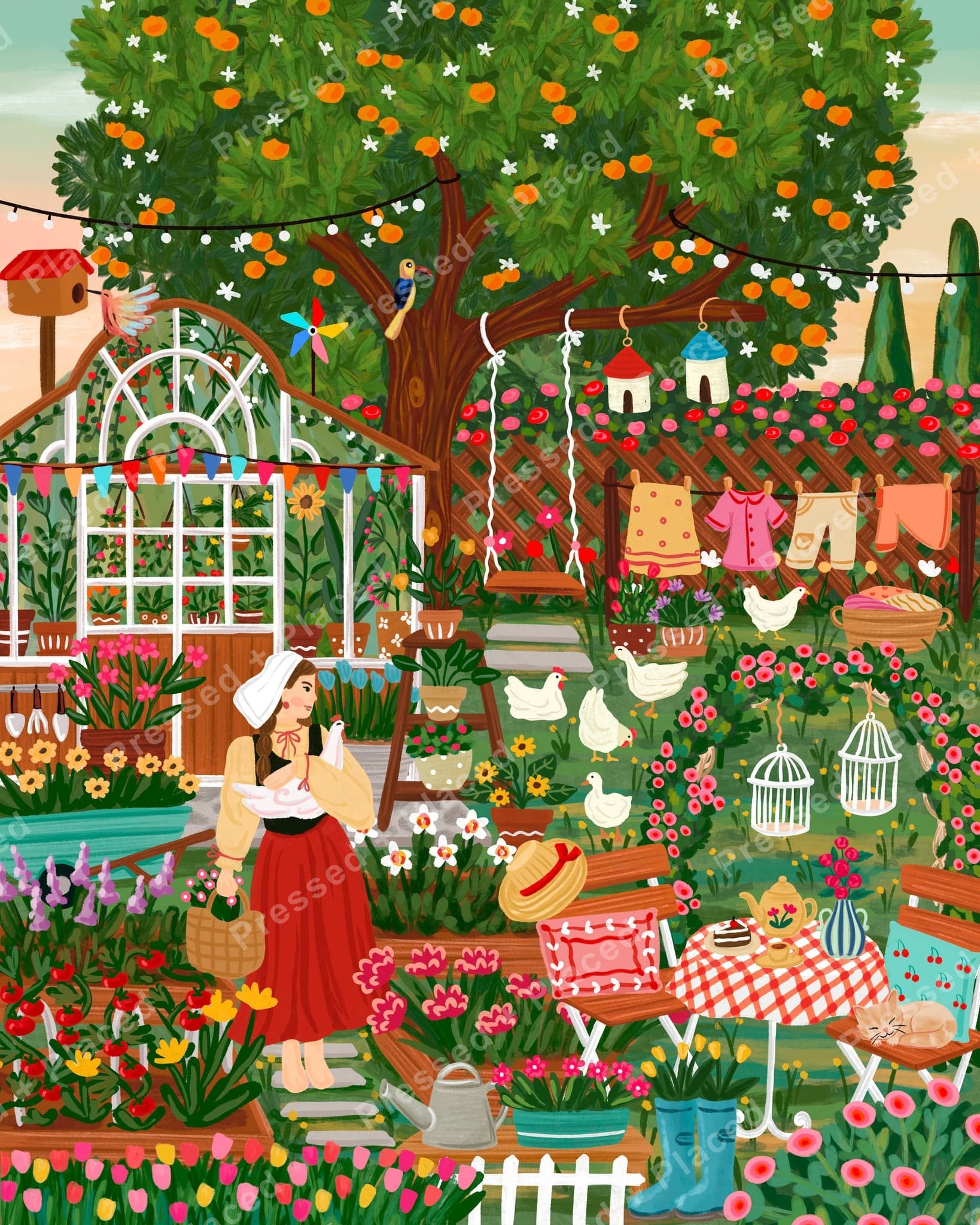Whimsical garden tea party with flowers, birds, laundry, and a woman in a red dress