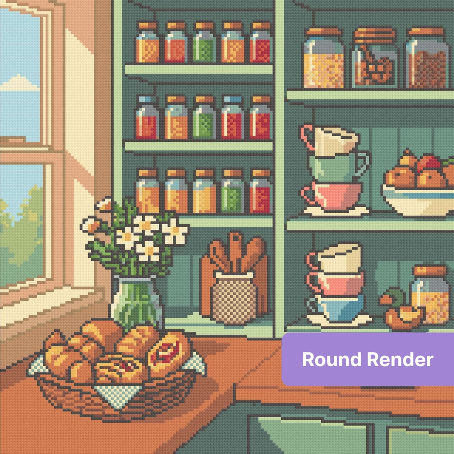 Cozy kitchen shelf scene with teacups, jars, flowers, and baked treats in pixel art style