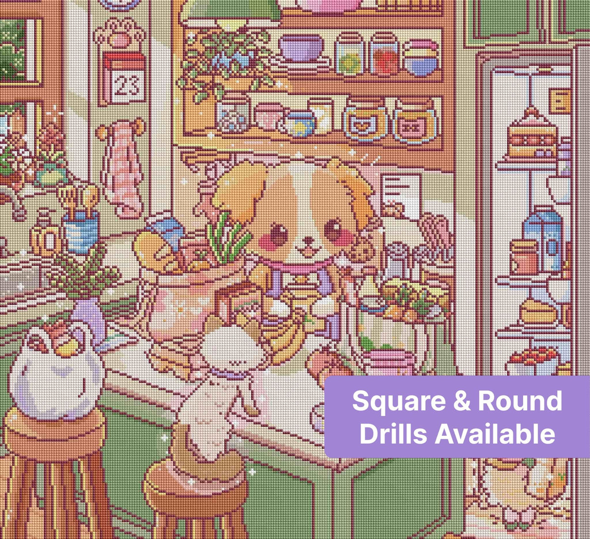 Cute cartoon puppy kitchen scene with pastel shelves, groceries, and cozy home details