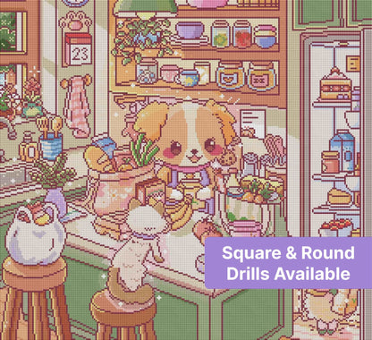 Cute cartoon puppy kitchen scene with pastel shelves, groceries, and cozy home details