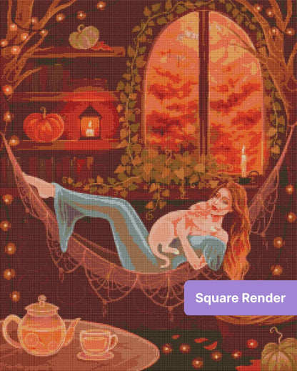 Woman lounging with cat in a cozy autumn room with candles, pumpkins, and warm glowing light