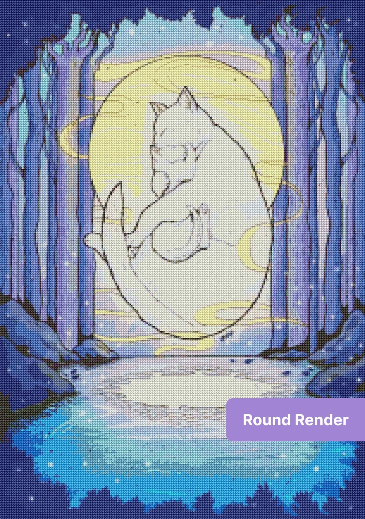 White sleeping cat in a glowing moonlit forest with purple trees and a dreamy blue lake