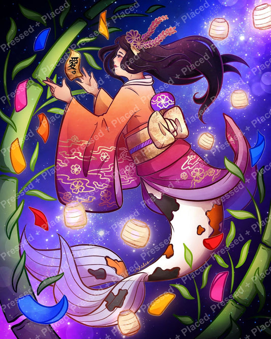 Anime-style mermaid with floral crown, lanterns, and bamboo in a dreamy purple fantasy scene