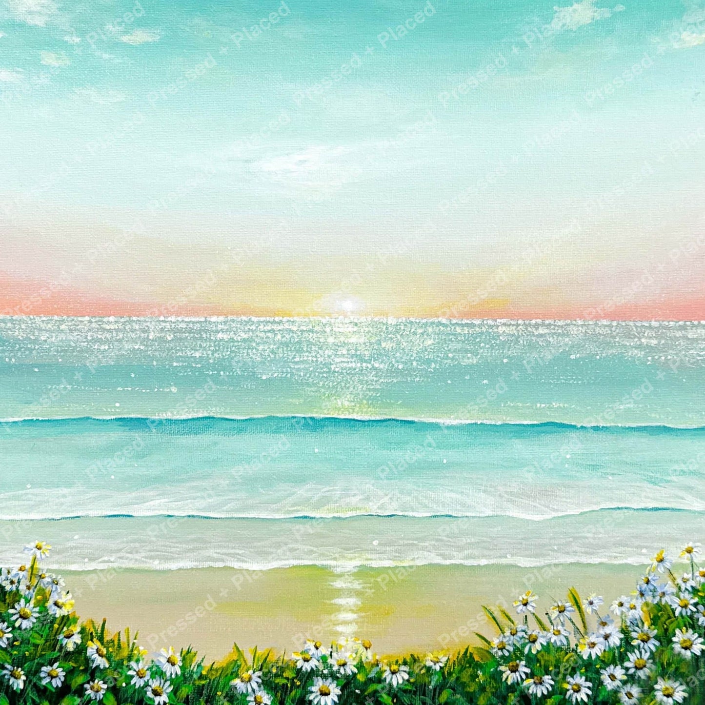 Pastel beach sunrise painting with ocean waves and white wildflowers along the shore