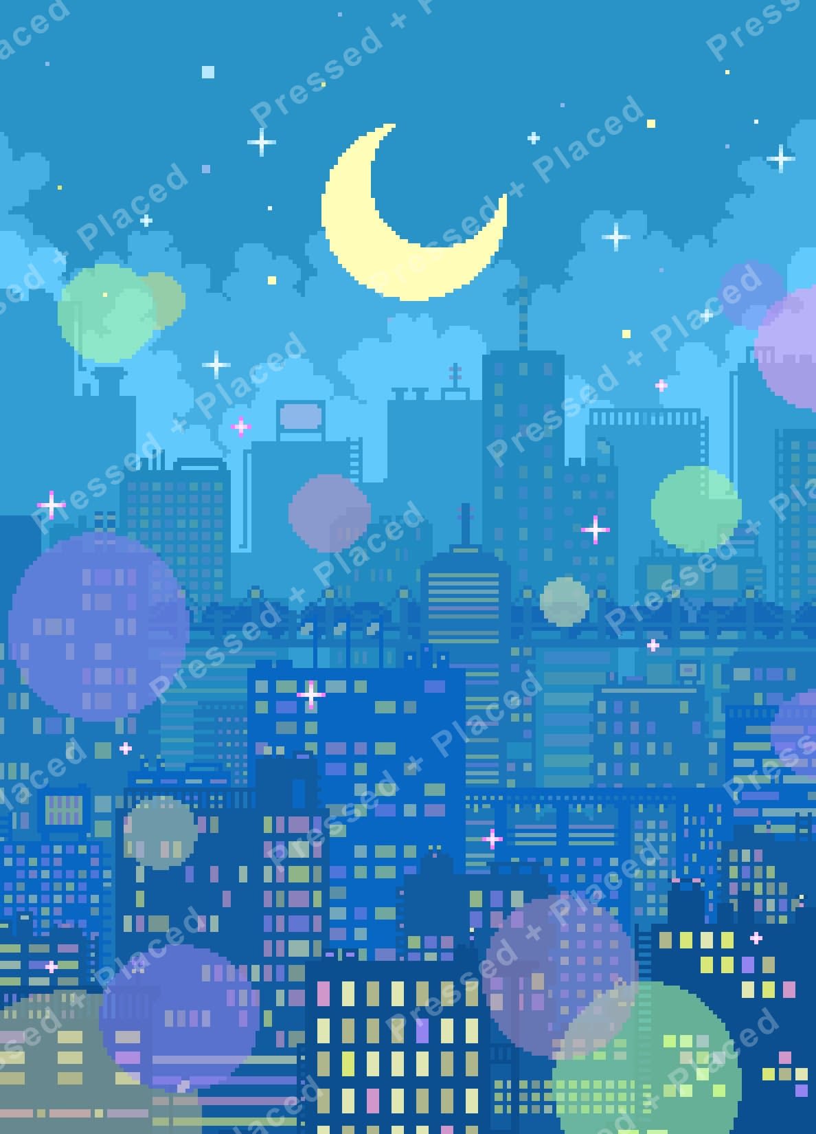 Pixel-style moonlit city skyline with pastel stars, glowing buildings, and a crescent moon