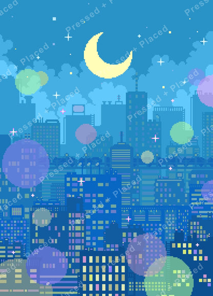Pixel-style moonlit city skyline with pastel stars, glowing buildings, and a crescent moon