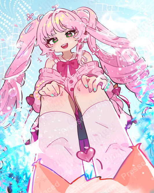 Cute pink anime girl with bunny ears and pastel blue sparkling background