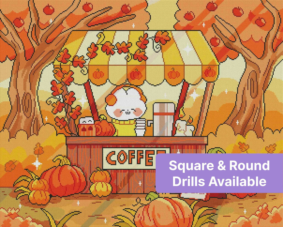 Cute autumn coffee cart with pumpkins, fall trees, and a whimsical cartoon café scene