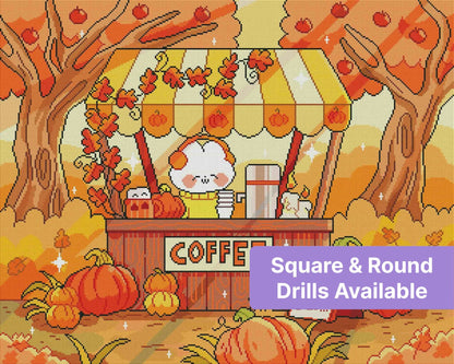 Cute autumn coffee cart with pumpkins, fall trees, and a whimsical cartoon café scene