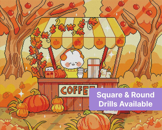 Cute autumn coffee cart with pumpkins, fall trees, and a whimsical cartoon café scene