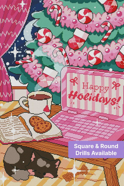 Cute Christmas scene with pink laptop, sleeping cat, cookies, tea, and decorated tree