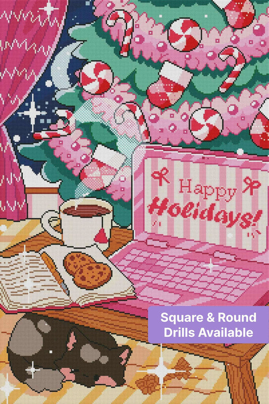 Cute Christmas scene with pink laptop, sleeping cat, cookies, tea, and decorated tree