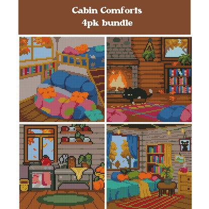 Four cabin-themed diamond painting designs with cozy interiors, warm colors, and rustic details