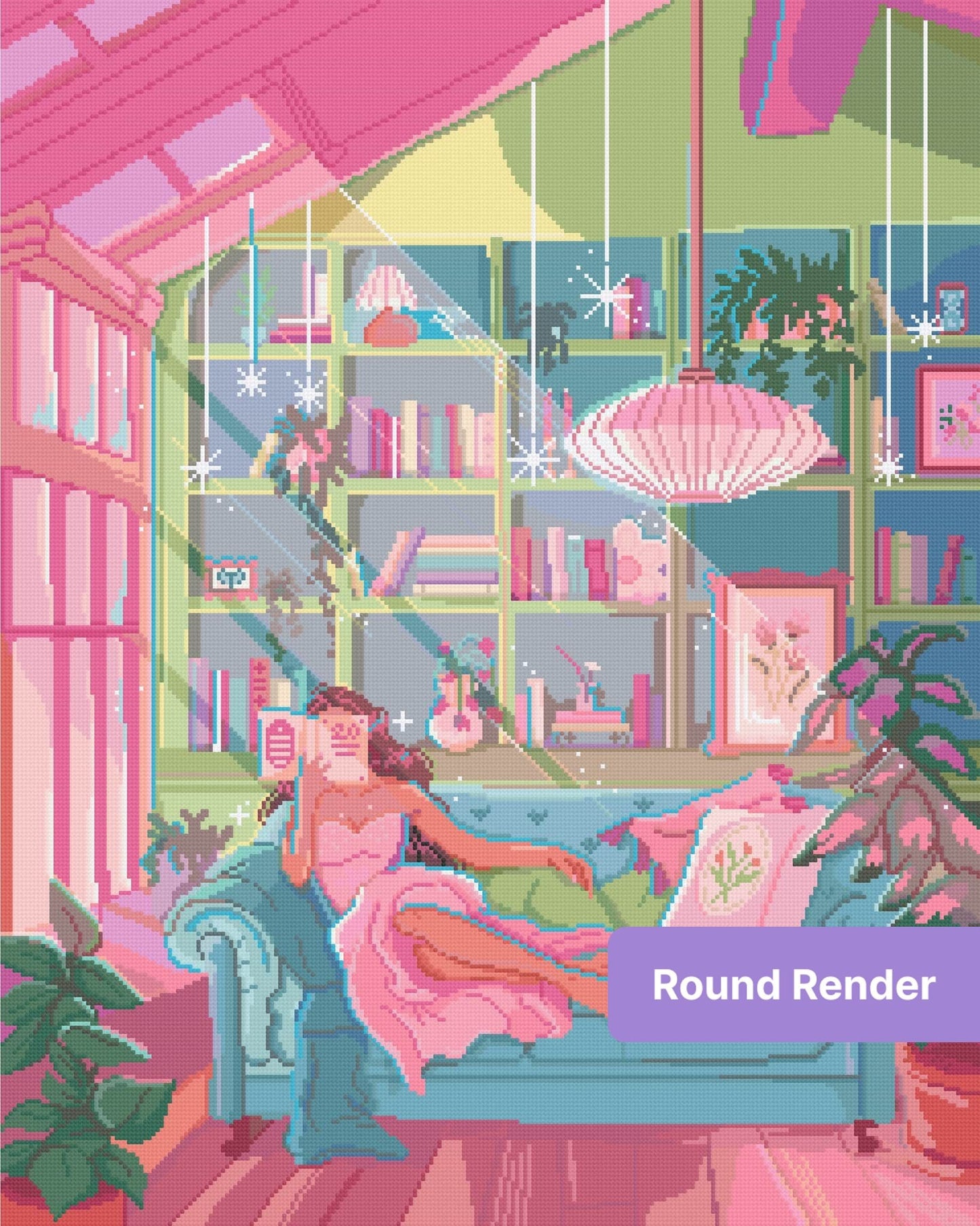 Pastel reading room scene with a woman on a sofa, bookshelves, plants, and a pink pendant lamp