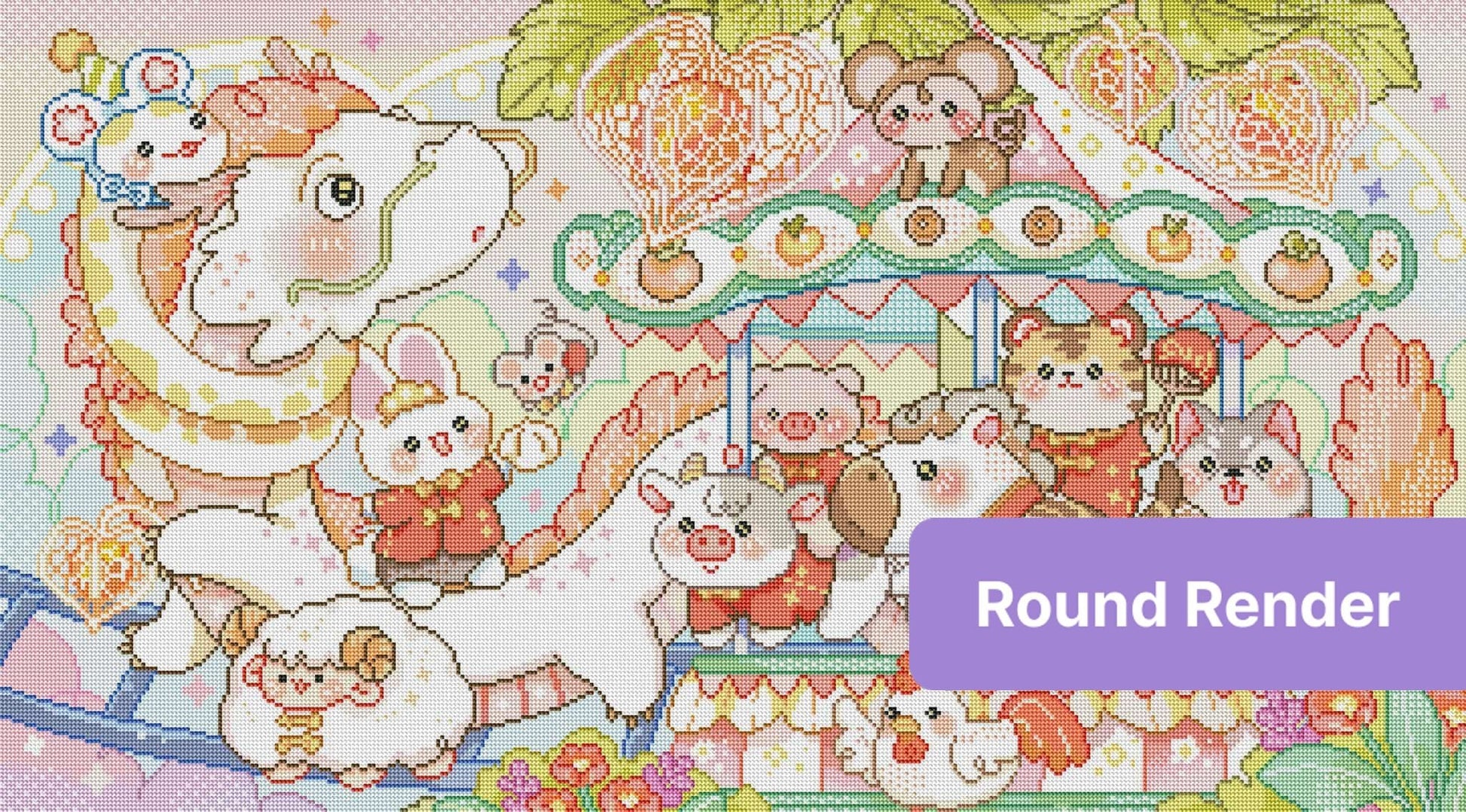 Cute kawaii animal carousel with pastel fantasy characters and heart details