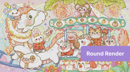 Cute kawaii animal carousel with pastel fantasy characters and heart details