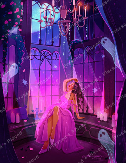 Gothic ghost girl in pink gown with glowing candles and haunted purple windows