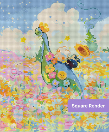 Whimsical dinosaur in a pastel flower field with clouds, stars, and playful fantasy details