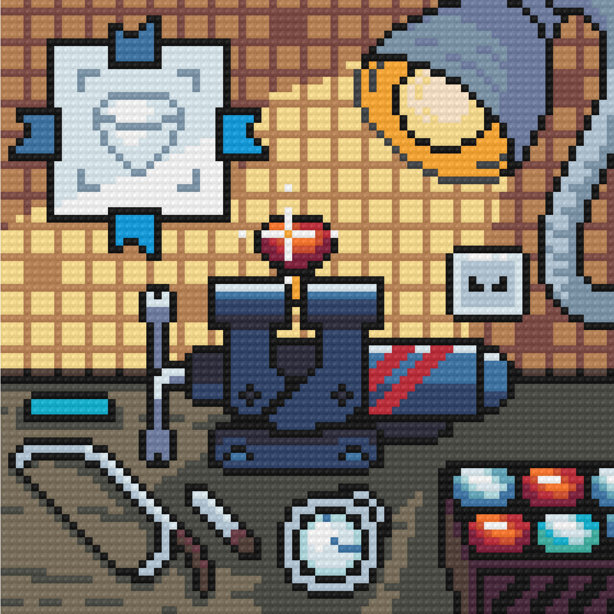 Four pixel-style creative studio diamond painting designs with sewing, painting, and crafting themes