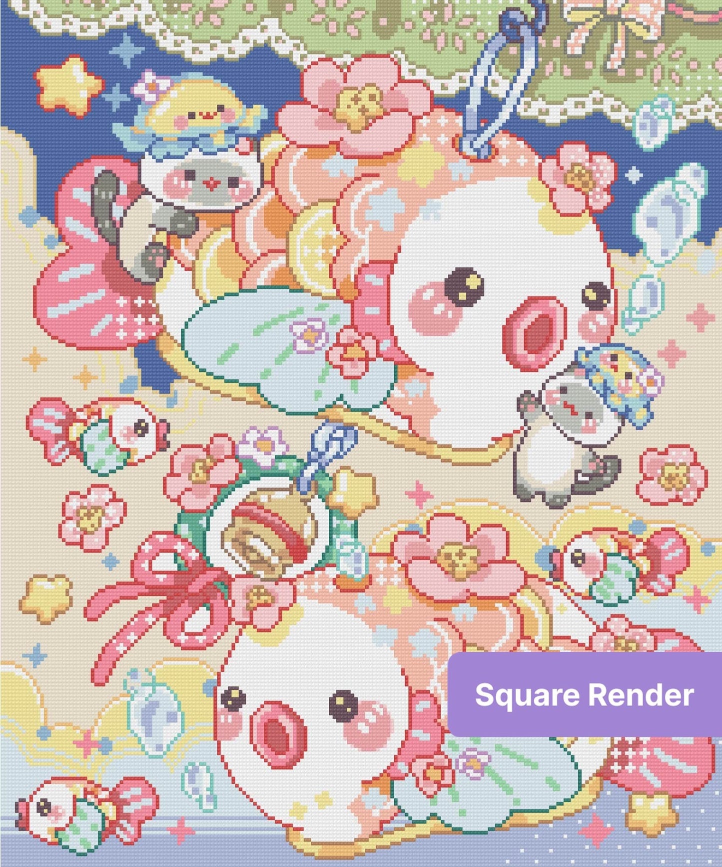 Cute pastel ducks and pandas with flowers in a whimsical kawaii cartoon style