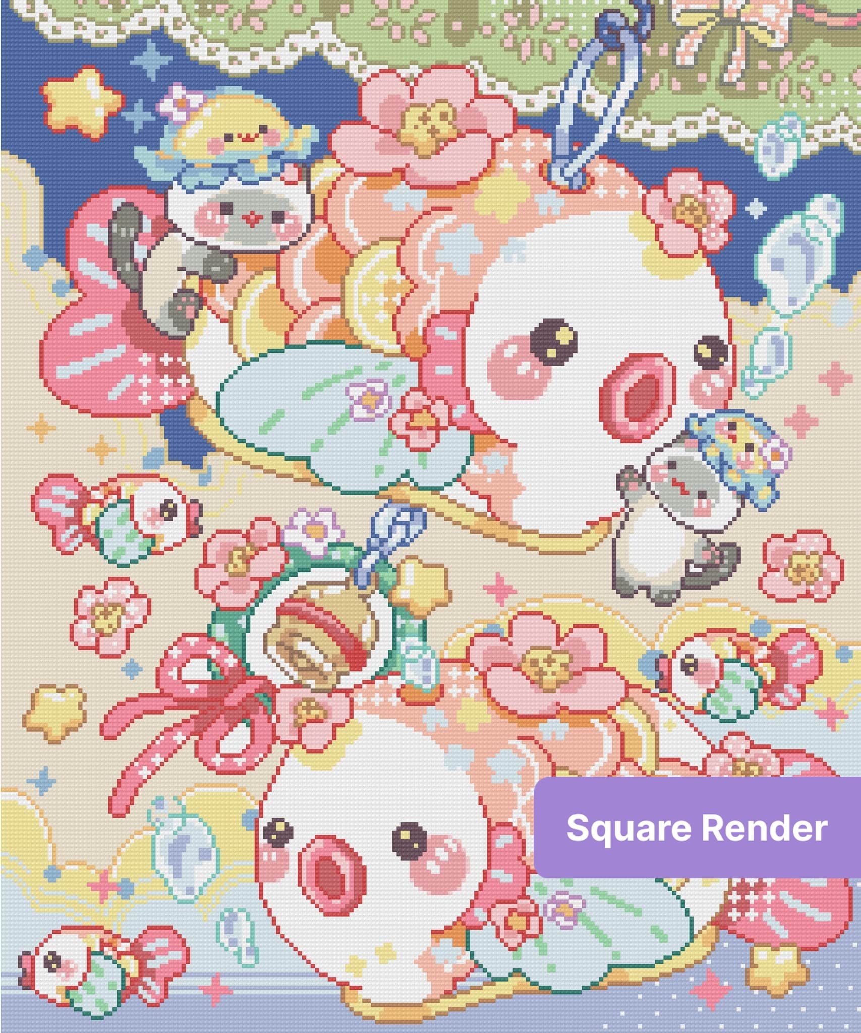 Cute pastel ducks and pandas with flowers in a whimsical kawaii cartoon style