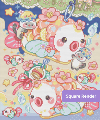 Cute pastel ducks and pandas with flowers in a whimsical kawaii cartoon style