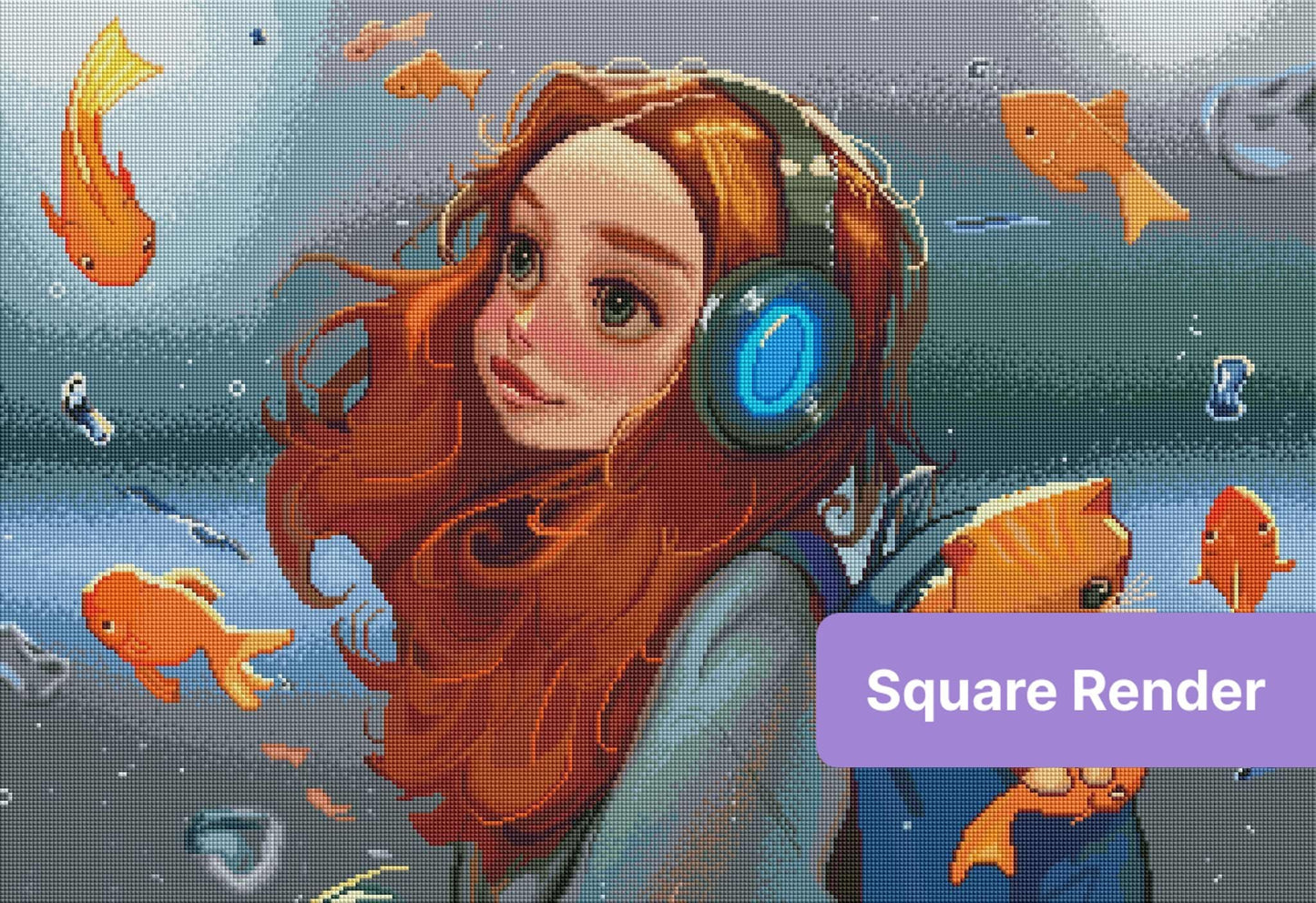 Whimsical girl with red hair and headphones surrounded by orange fish in a dreamy underwater style