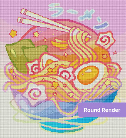 Whimsical rainbow ramen bowl diamond painting with chopsticks and playful pastel swirls