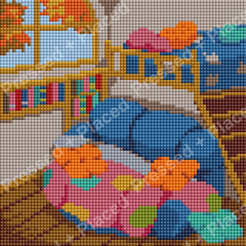 Cozy living room scene with blue sofa, colorful pillows, and framed wall art in diamond painting style