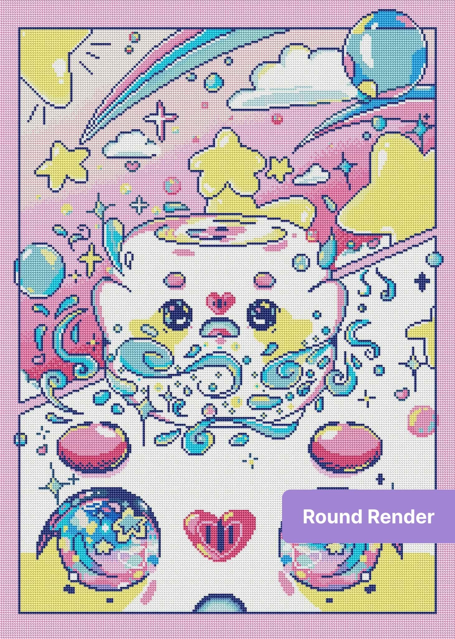 Cute cosmic cat with stars, clouds, and pastel rainbow swirls in kawaii cartoon style