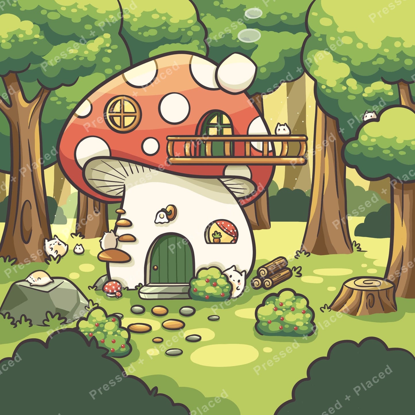 Cute mushroom house in a whimsical forest with trees, greenery, and tiny woodland animals