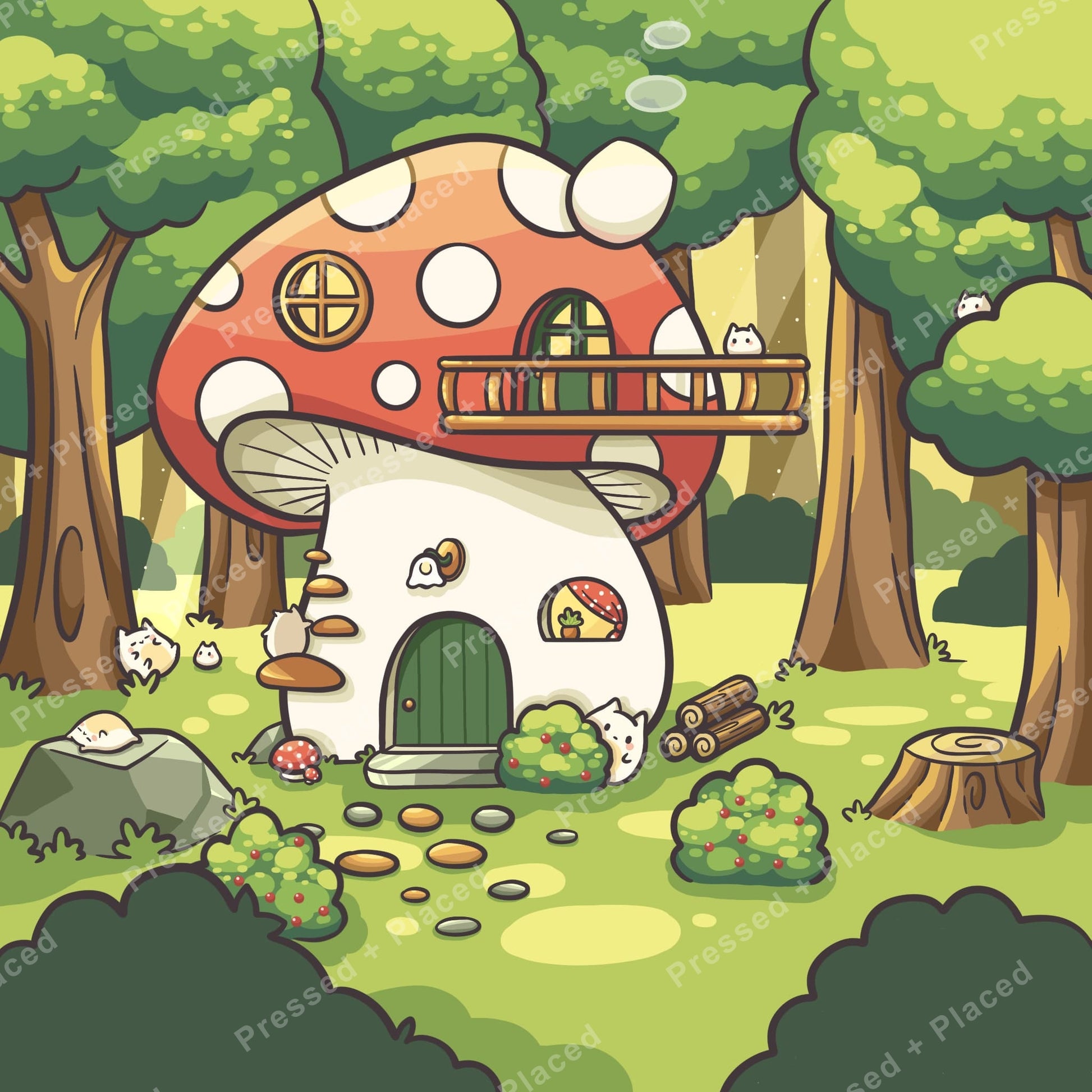 Cute mushroom house in a whimsical forest with trees, greenery, and tiny woodland animals