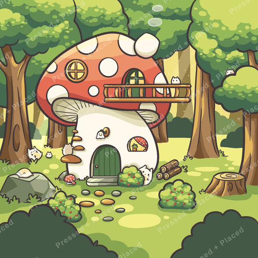 Cute mushroom house in a whimsical forest with trees, greenery, and tiny woodland animals