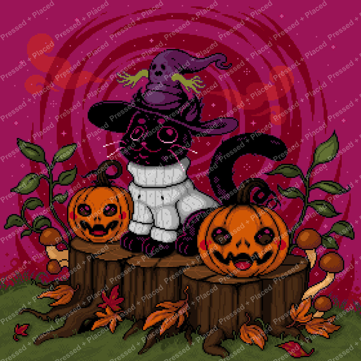 Pixel-style witch cat with pumpkins, autumn leaves, and a vibrant Halloween backdrop