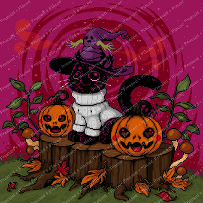 Pixel-style witch cat with pumpkins, autumn leaves, and a vibrant Halloween backdrop
