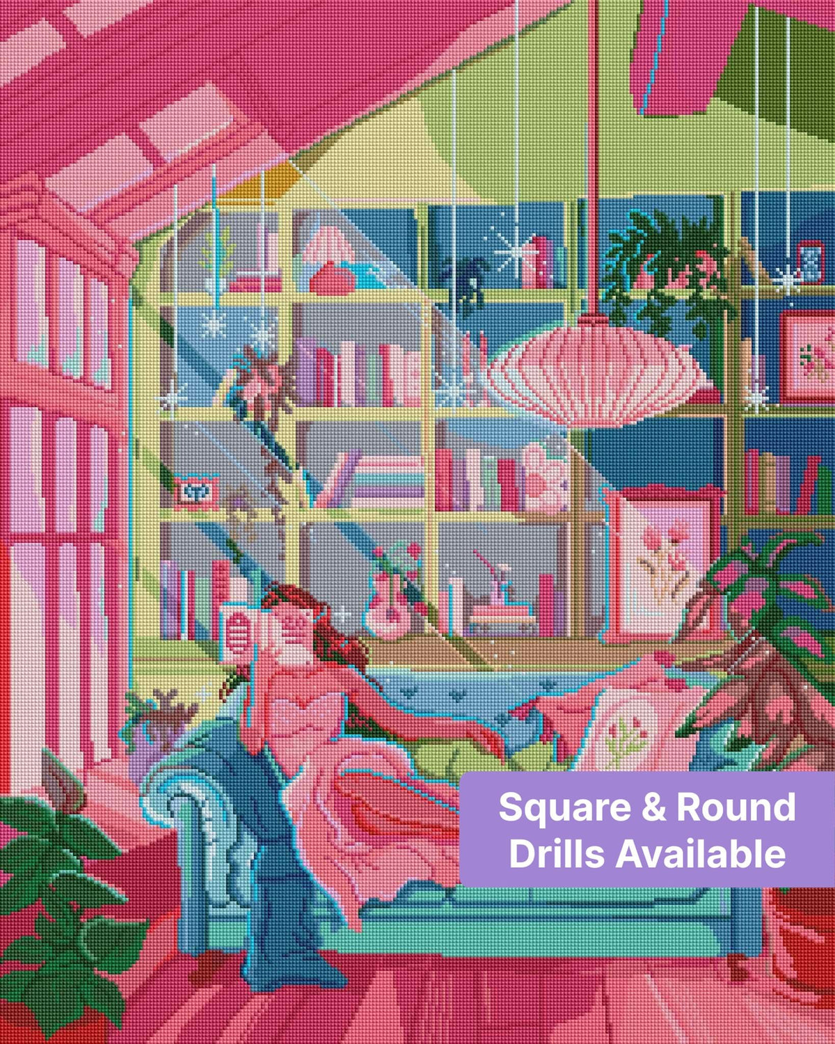 Pastel reading room scene with a woman on a sofa, bookshelves, plants, and a pink pendant lamp