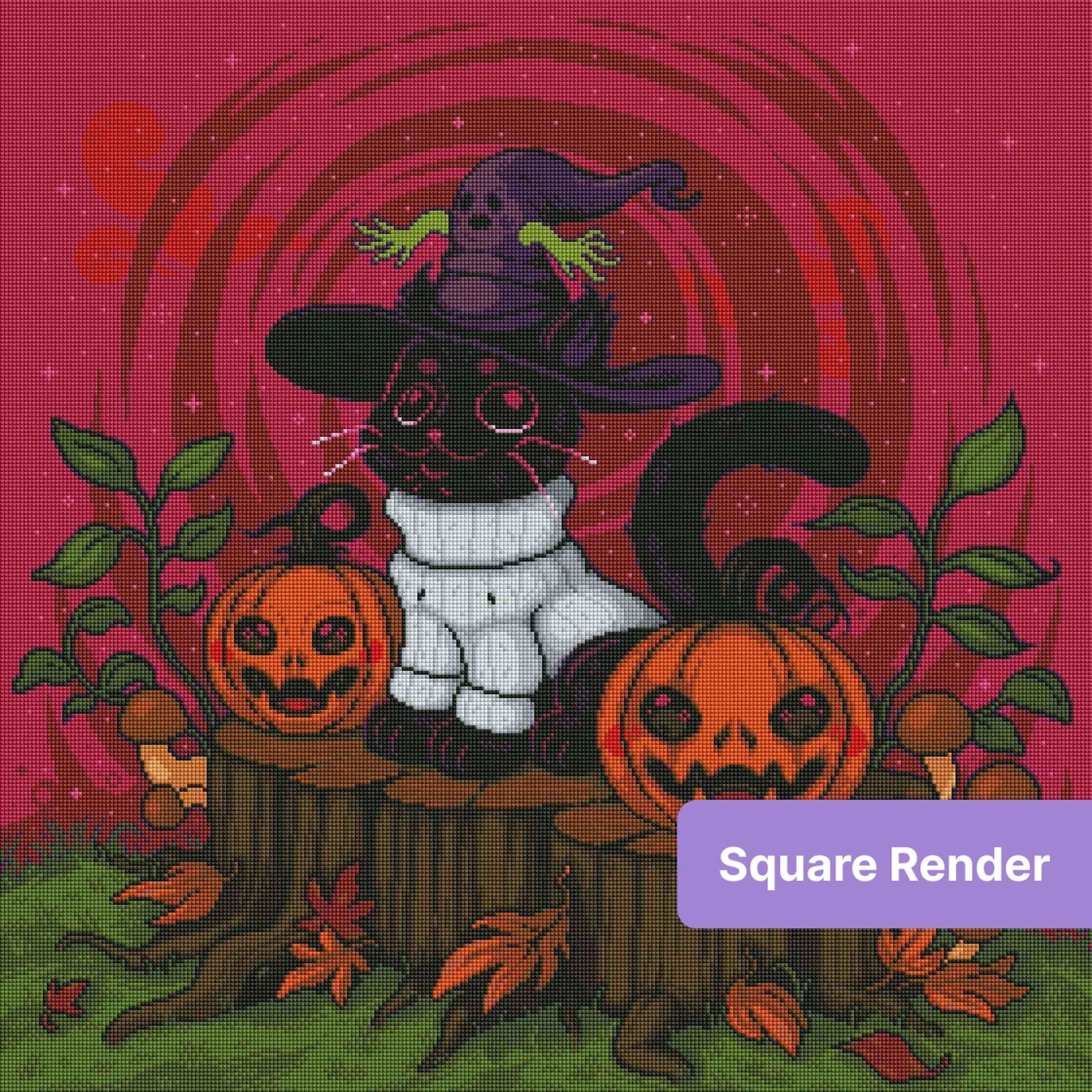 Pixel-style witch cat with pumpkins, autumn leaves, and a vibrant Halloween backdrop