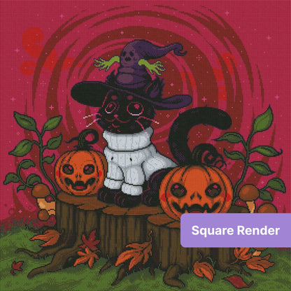 Pixel-style witch cat with pumpkins, autumn leaves, and a vibrant Halloween backdrop