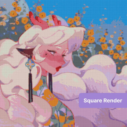 Anime-style elf character with white hair, red horns, and floral background