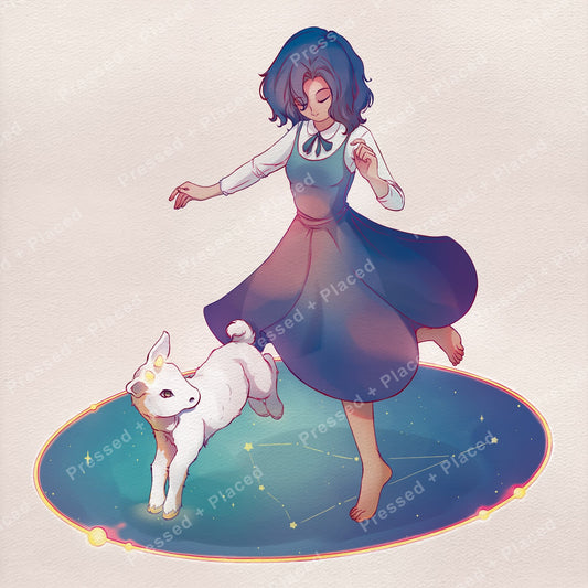 Anime girl dancing with a small unicorn on a glowing celestial base