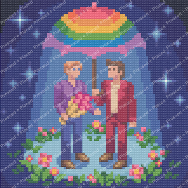 Pixel-style couple under a rainbow umbrella in a starry floral garden scene