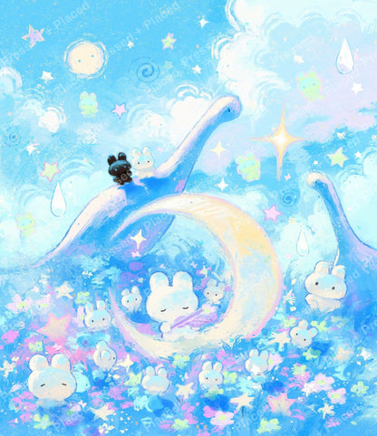 Pastel kawaii bunny scene with rainbow arches, clouds, stars, and whimsical fantasy details