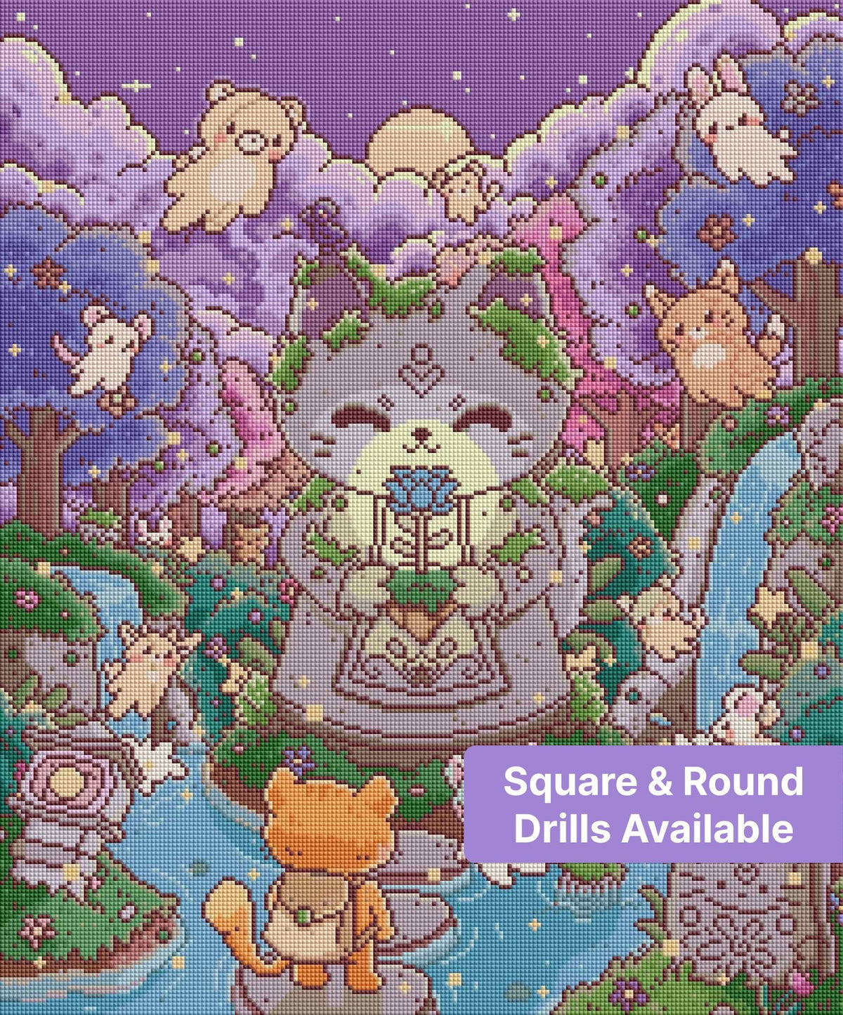 Cute pastel forest animals in a dreamy purple kawaii fantasy scene
