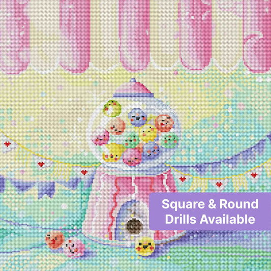 Pastel gumball machine with smiling candy faces and whimsical bunting decor