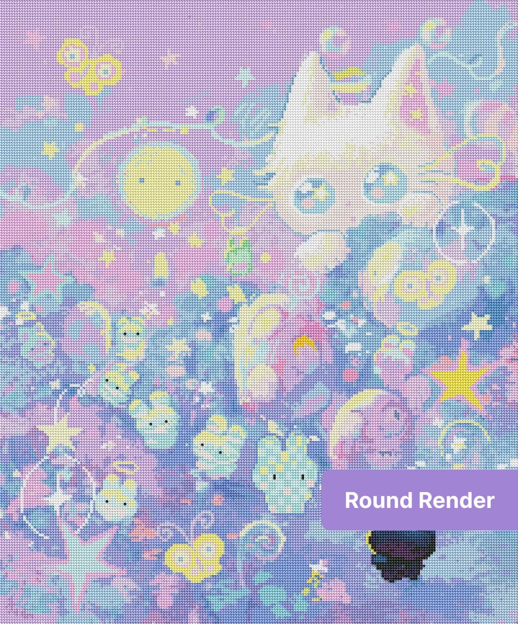 Pastel kawaii cat surrounded by stars, planets, and whimsical fantasy characters