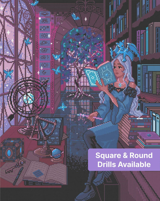 Fantasy girl reading in a magical library with a tiny dragon, glowing butterflies, and celestial decor