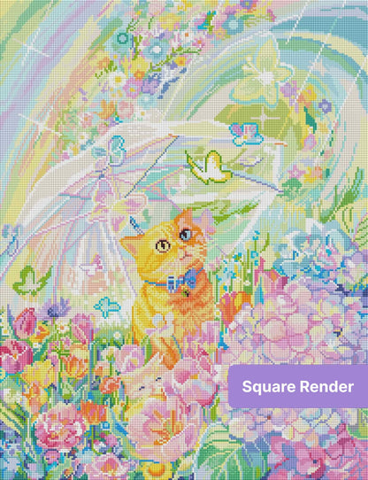Orange cat in a pastel flower garden with butterflies, rainbow glow, and sparkling blossoms