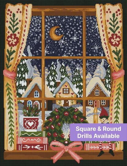 Festive winter window scene with snowy village, wreath, candles, and holiday elf in folk-art style