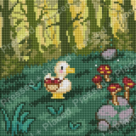 White duckling in a green meadow with colorful wildflowers, diamond painting style